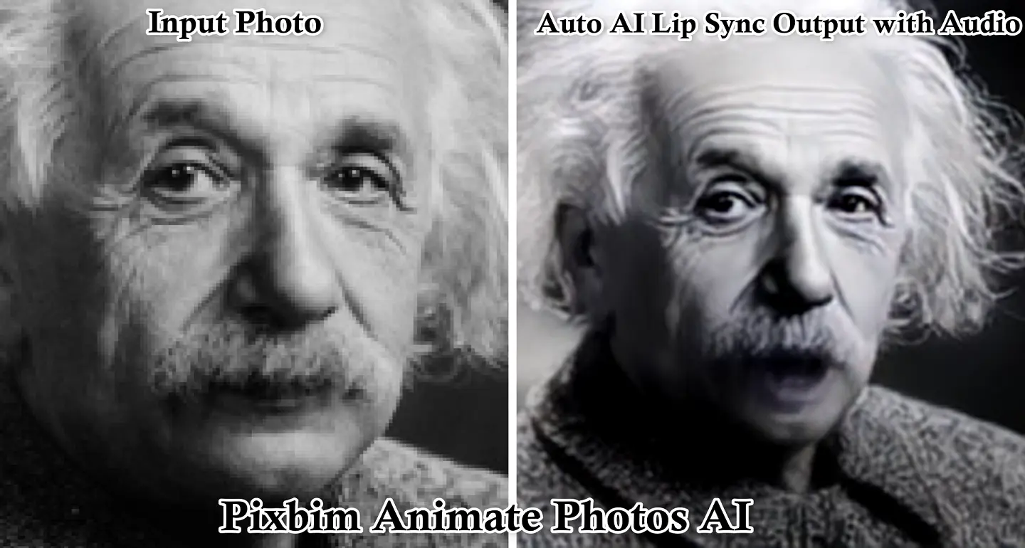 screenshot shows an input photo at the left and auto synchronized lip output with audio which is obtained using pixbim animated face app